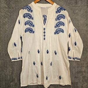 Sevya Handmade White Blue Paisley Embroidered Cotton Tunic Top SM India Boho